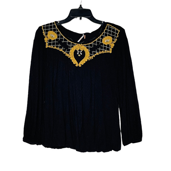 Free People Womens Top Size XS Black Yellow Floral‎ Blouse Cotton Linen Blend - Picture 1 of 4